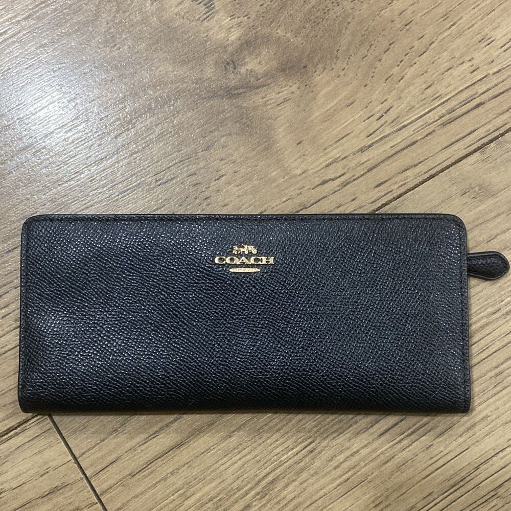 Coach Slim Wallet C3440 Black Crossgrain Leather Bifold Clutch Gold Hardware EUC